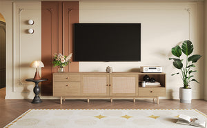 English Elm Boho Natural Rattan TV Stand for Up to 85" TVs, 3 Drawers + Cabinets & Open Shelves, Modern Wood console with organic texture and sturdy 110 lb capacity N710P339452P