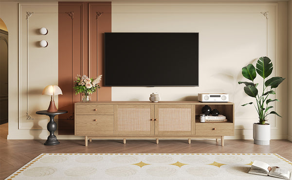 English Elm Boho Natural Rattan TV Stand for Up to 85" TVs, 3 Drawers + Cabinets & Open Shelves, Modern Wood console with organic texture and sturdy 110 lb capacity N710P339452P