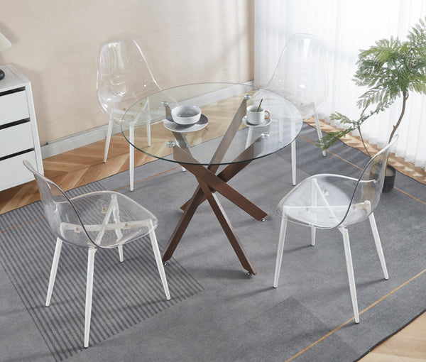 English Elm Dining Table Square Tempered Glass Top Cross Metal Base Modern Space Saving Design W234P271488