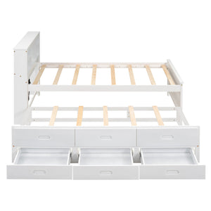 English Elm Twin Platform Bed with Storage Headboard, Pull-Out Trundle & 3 Drawers, USB Ports, Solid Wood Durability White GX000715AAK