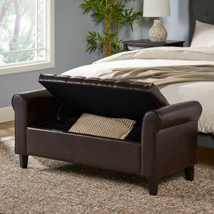 English Elm Brown Tufted Linen Storage Bench with Rolled Arms for Bedroom or Entryway N770P372389D