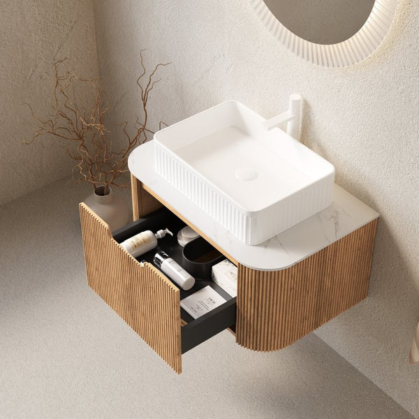 English Elm Muri Floating Bathroom Vanity Plywood Cabinet Sintered Stone Top Oak Drawer Natural Wood,White W2615S00160
