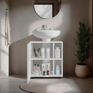 English Elm Pascuale Compact Under-Sink Cabinet with Cut-Out Back, Double Door + 2 Side Shelves, White Finish B200P368112