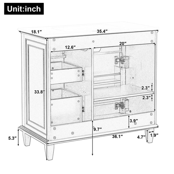 English Elm 36 Inch Bathroom Vanity - Modern Ceramic Sink, Solid Wood Frame, Adjustable Storage & Soft-Close Doors N725P336554K