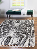 Unique Loom Hygge Shag Valley Machine Made Abstract Rug Black and White, Gray 7' 10" x 10' 0"