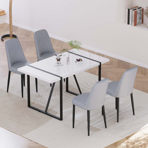 English Elm 55 Modern 4-Person MDF Dining Table Set with Sturdy Black Metal Legs and Padded PU Chairs for Families Grey+White W2189S00733