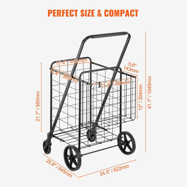 English Elm Folding Utility Cart with Dual Baskets Iron Frame 110 Lb Capacity Swivel Wheels W2181P365208