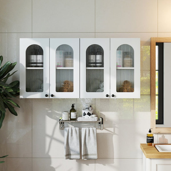 English Elm Wall Mounted Display Cabinet Arched Glass Door Floating Shelves for Kitchen or Bath W331P379951