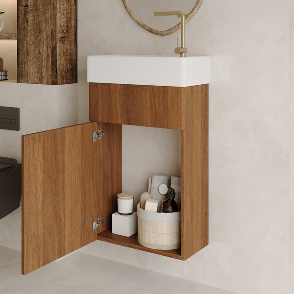 English Elm 16.5 Inch Floating Bathroom Vanity Wall Mounted Ceramic Basin Soft Close Door W3136S00033