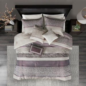 English Elm 7 Jacquard Comforter Set King with Striped Motif, Beige Reverse, Embroidered Decorative Pillows, Machine Washable Purple 23.62 L x 18.9 W x 16.14 H B03597200
