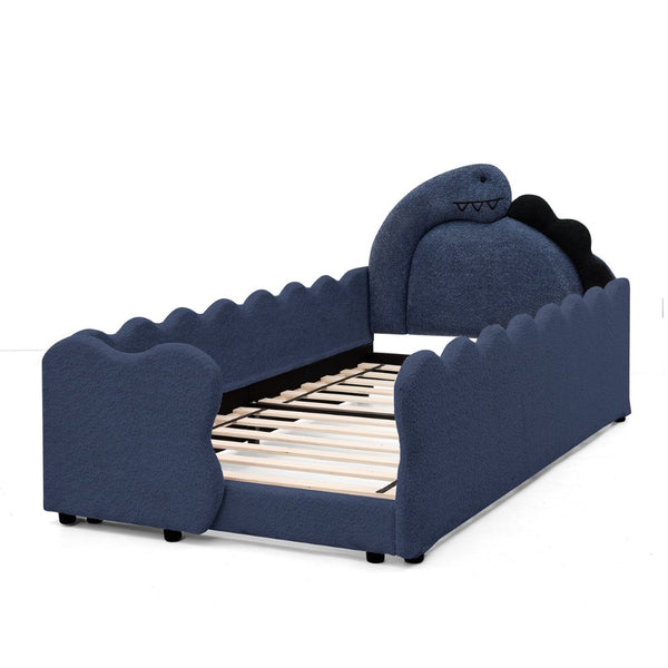 English Elm Twin Dinosaur Boucle Upholstered Kids Bed Solid Wood Frame with Padded Safety Rails Navy Blue W1413P384919