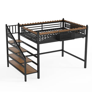 English Elm Twin Xl Metal Loft Bed with Stair Storage Shelves Sturdy Steel Frame for Dorms W1580S00379