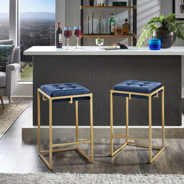 Ulga Velvet Tufted Counter Stool with Gold Base for Kitchen Island Seating