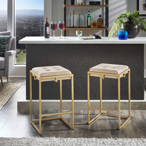 Ulga Velvet Tufted Counter Stool with Gold Base for Kitchen Island Seating