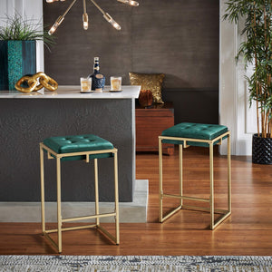 Ulga Velvet Tufted Counter Stool with Gold Base for Kitchen Island Seating