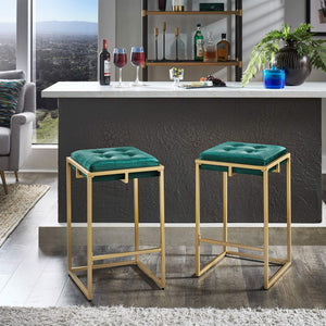 Ulga Velvet Tufted Counter Stool with Gold Base for Kitchen Island Seating