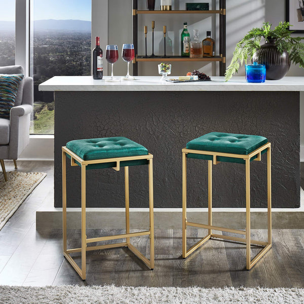 Ulga Velvet Tufted Counter Stool with Gold Base for Kitchen Island Seating