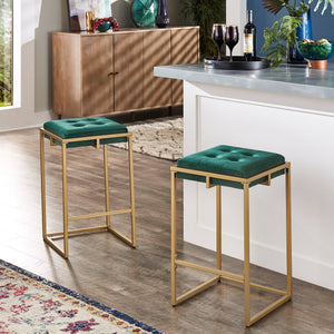 Ulga Velvet Tufted Counter Stool with Gold Base for Kitchen Island Seating