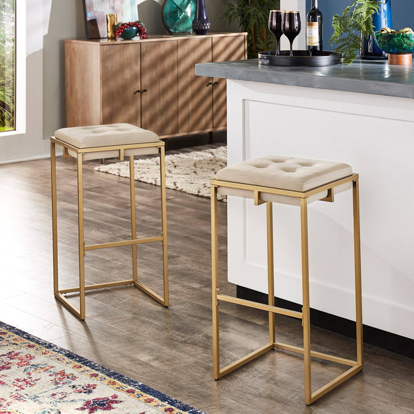 Ulga Tufted Velvet Backless Barstools with Gold Metal Base for Kitchen Islands Set of 2