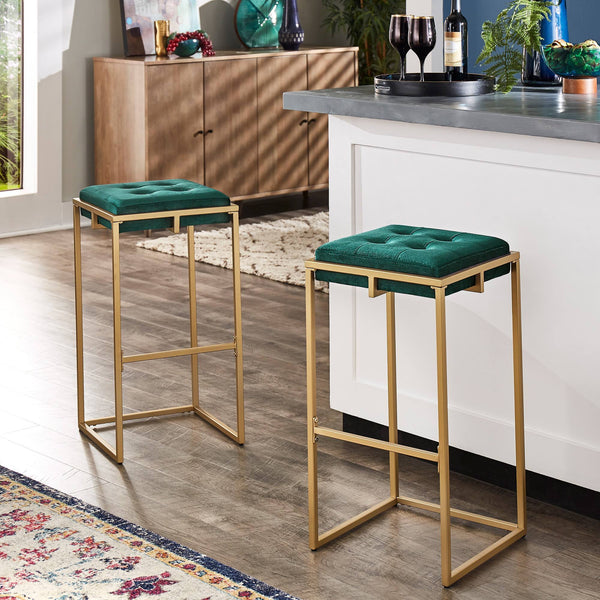 Ulga Tufted Velvet Backless Barstools with Gold Metal Base for Kitchen Islands Set of 2