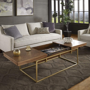 Walnut Veneer Rectangular Storage Coffee Table with Iron Base