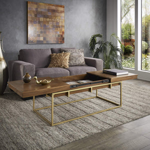 Walnut Veneer Rectangular Storage Coffee Table with Iron Base