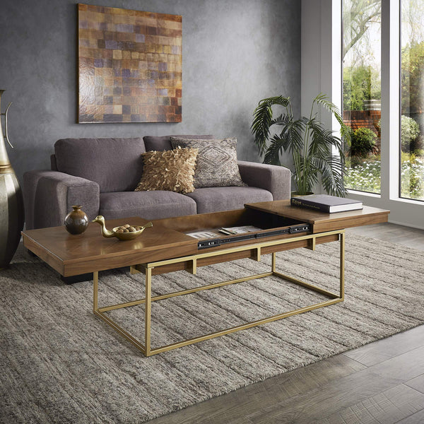 Walnut Veneer Rectangular Storage Coffee Table with Iron Base