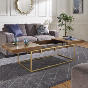 Walnut Veneer Rectangular Storage Coffee Table with Iron Base