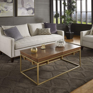 Walnut Veneer Rectangular Storage Coffee Table with Iron Base