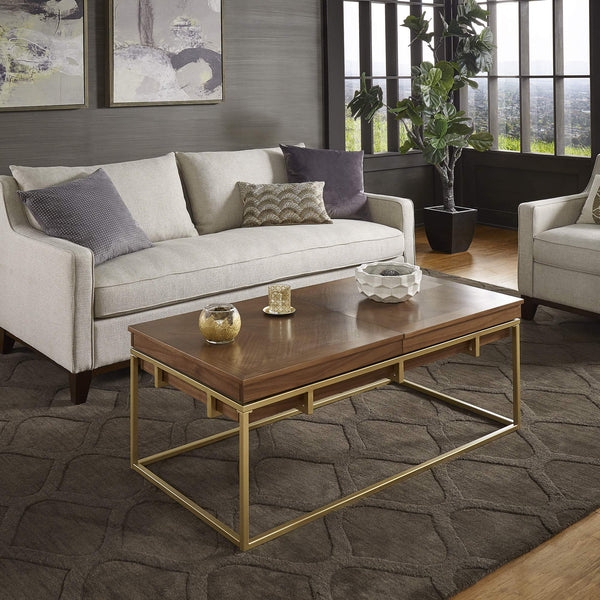 Walnut Veneer Rectangular Storage Coffee Table with Iron Base
