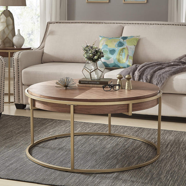 Round Walnut Veneer Coffee Table with Iron Base for Modern Living