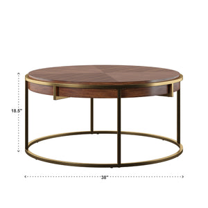 Round Walnut Veneer Coffee Table with Iron Base for Modern Living