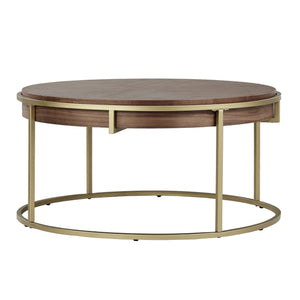 Round Walnut Veneer Coffee Table with Iron Base for Modern Living
