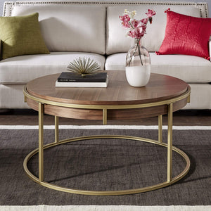 Round Walnut Veneer Coffee Table with Iron Base for Modern Living