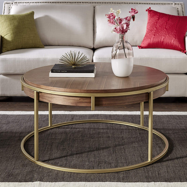 Round Walnut Veneer Coffee Table with Iron Base for Modern Living