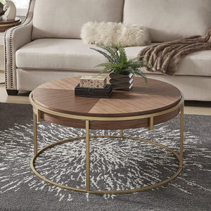 Round Walnut Veneer Coffee Table with Iron Base for Modern Living