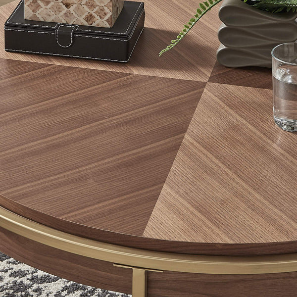Round Walnut Veneer Coffee Table with Iron Base for Modern Living