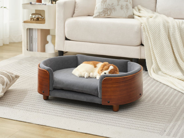 English Elm Scandinavian Mid-century Pet Sofa with Walnut Bentwood Back and Navy Velvet Cushion Dark Grey W794125938