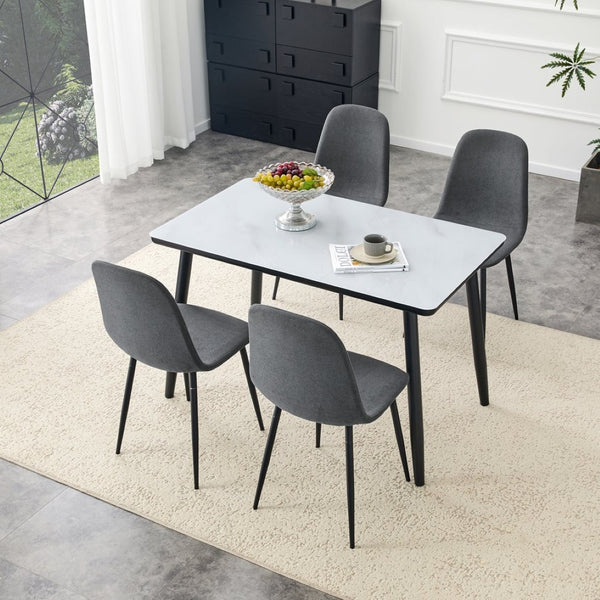 English Elm Table and Chair Set Modern Marble Glass Top with Four Linen Dining Seats W1151S04666
