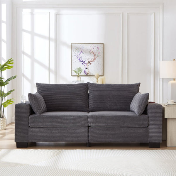 English Elm 78"corduroy Plush Three Seat Sofa with Usb Ports Cup Holders Deep Cushions Apartment Gray W3705P455918