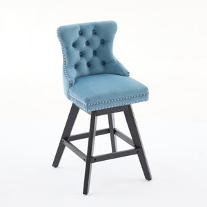 English Elm Swivel Velvet Barstools with Tufted Back Support, 360° Rotation, Foam & Spring Cushion, Sturdy Wooden Frame Light Blue W1143P369089
