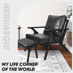 English Elm Mid-Century PU Leather Accent Chair with Ottoman — Ergonomic Thick Upholstery, Flared Legs, Durable Comfort Black T3950P397487