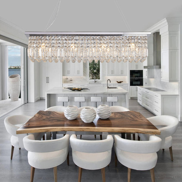 English Elm Modern Crystal Chandelier Rectangular 8-Light Raindrop Pendant for Kitchen Island Dining Room Chrome W2312P368688
