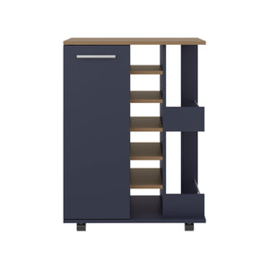 English Elm Bar Cart Alby Blue & Natural Oak 32.3" H with 1 Door and 10 Shelves — Compact Stylish Storage Solution B097P395893