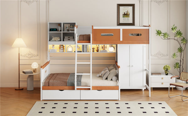 English Elm Twin Over Full Wooden Bunk Bed With Stylish Storage, Led Light, Drawers, And Wardrobe In White & Orange N820S00063K-GIGA