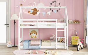 English Elm Twin Over Twin House Bunk Bed With Guardrails, Ladder & Cozy Floor Bed - White Rubberwood Design W504P227938-GIGA