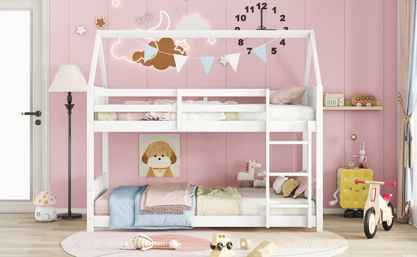 English Elm Twin Over Twin House Bunk Bed With Guardrails, Ladder & Cozy Floor Bed - White Rubberwood Design W504P227938-GIGA