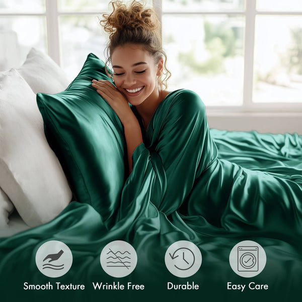 JLA Home Madison Park Essentials - Luxury Satin Sheet Set - 6-Piece Wrinkle-Resistant, OEKO-TEX Certified for Silky, Hotel-Style Comfort Emerald MPE20-1145