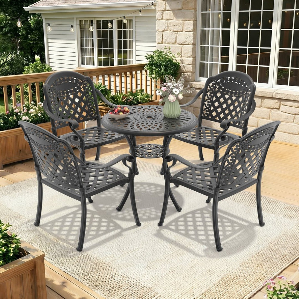 English Elm 5-piece Cast Aluminum Outdoor Dining Set with Ornate Frame and Weather Resistant Cushions W1710S00620