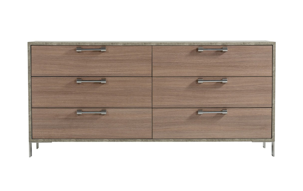 VIG Furniture Boston Modern Brown Oak Dresser With Faux Concrete Trim, 6 Soft-Close Drawers & Brushed Steel Legs VGANBOSTON-DRS